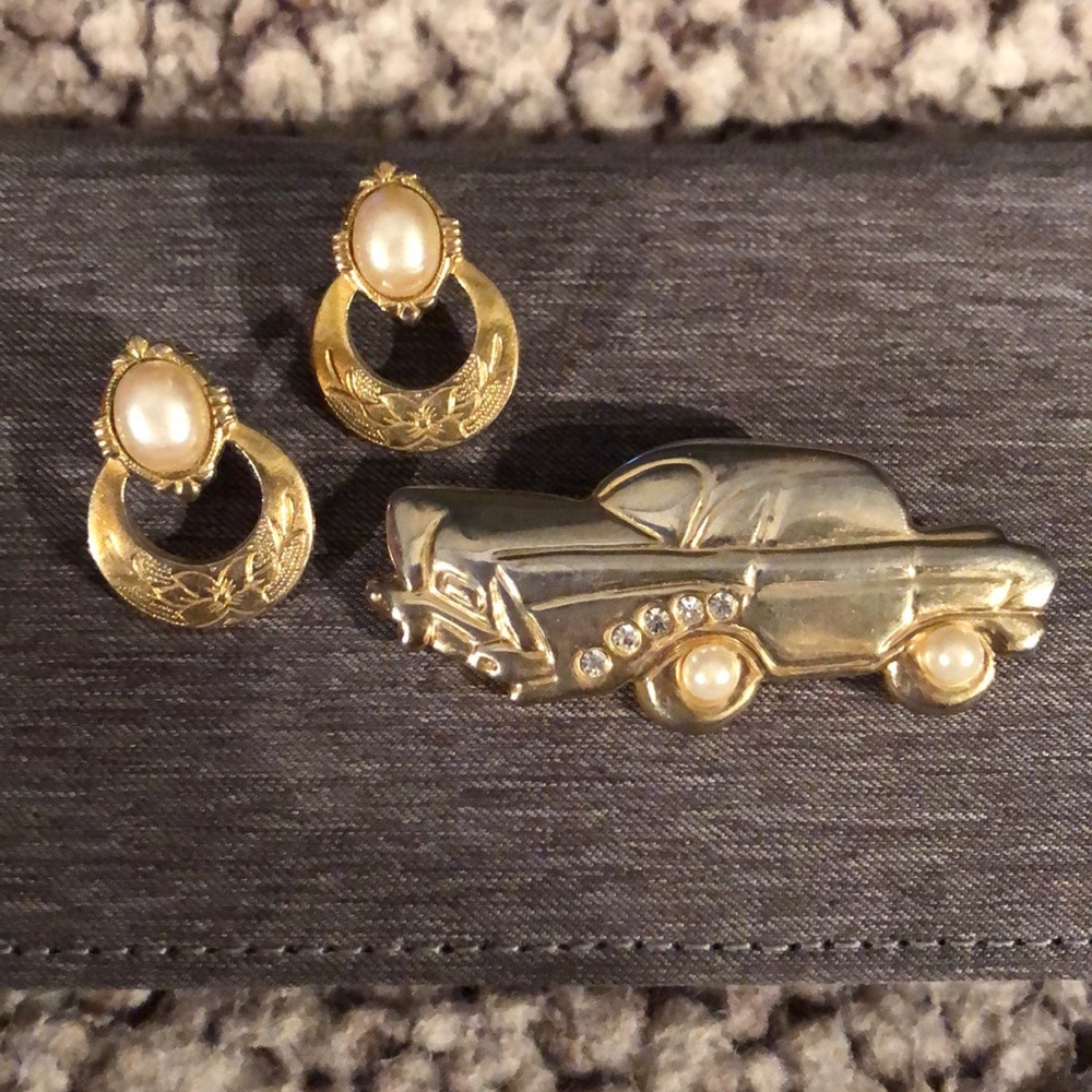 Gold pearl earrings and 50’s Chevy brooch